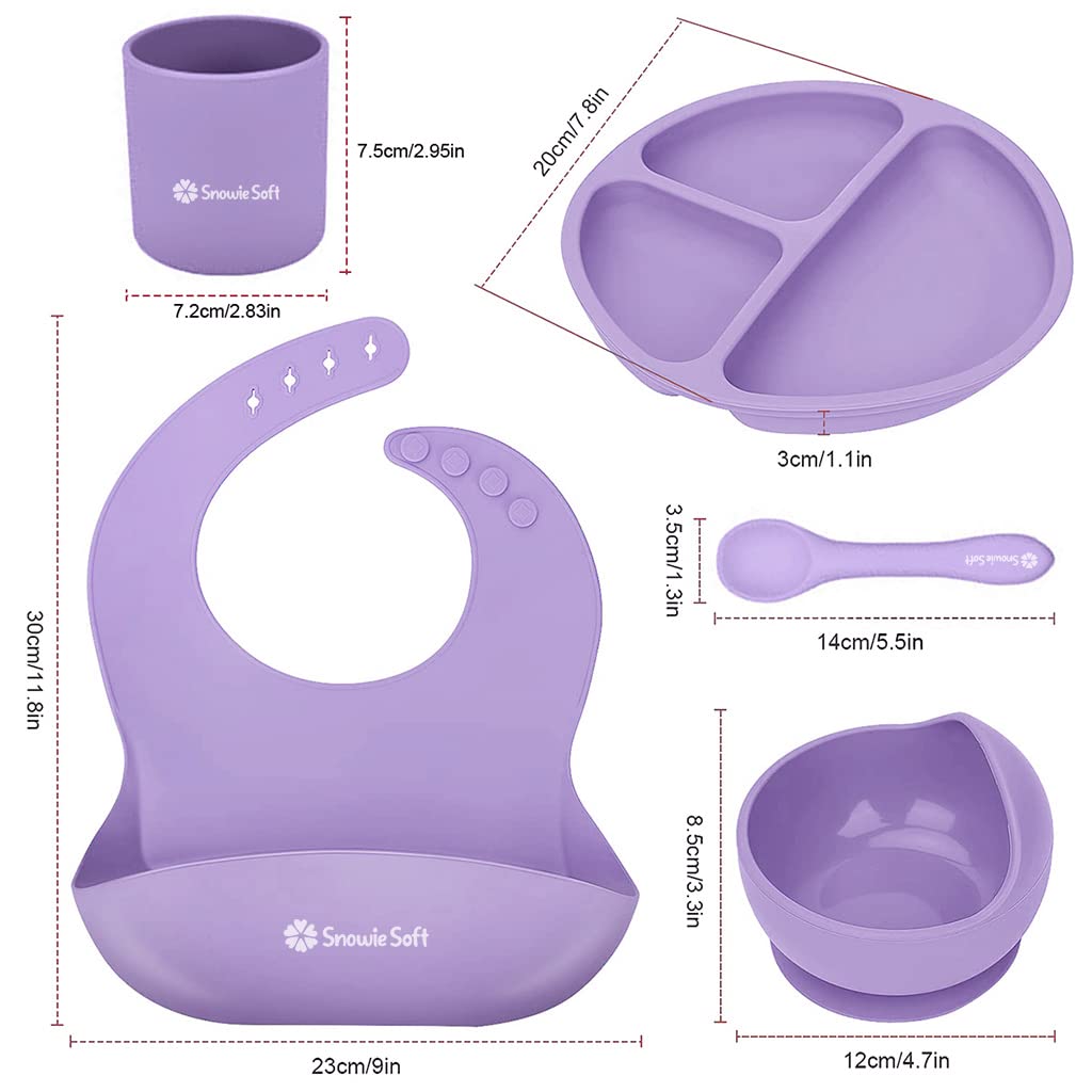 SNOWIE SOFT 5pcs Silicone Tableware Kit for Baby, Baby Silicone Feeding Kit Baby Plate & Bowl with Sucker, Spoon, Fork Bib BPA-Free Dishwasher & Microwave Safe (Pink)