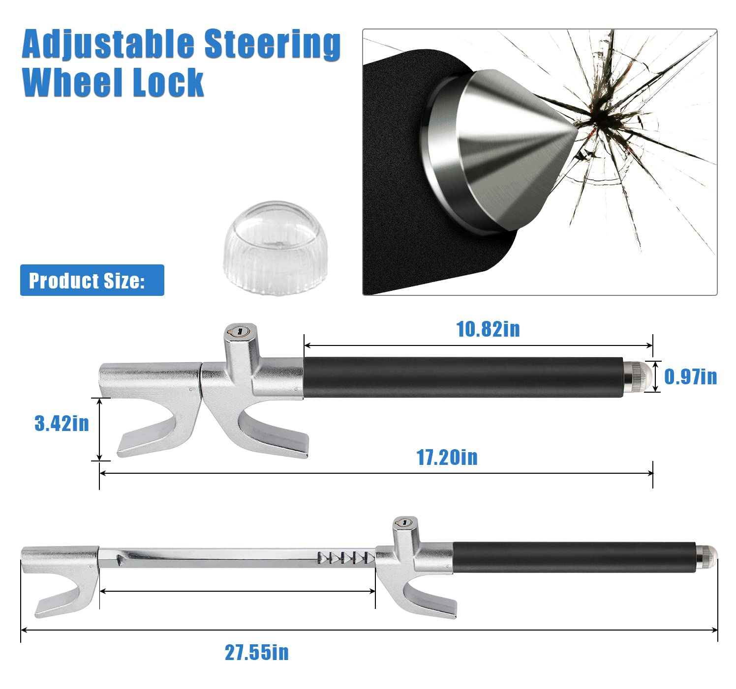 ELEPHANTBOAT Car Steering Wheel Lock for Auto Truck SUV with 3 Keys and Retractable Steel | Adjustable 6.7–10.4 in Design featuring Soft Foam Handle