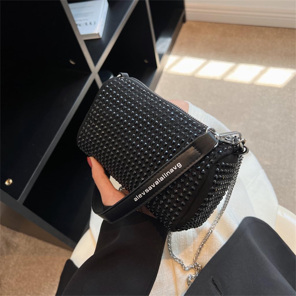 ZIBUYU® Women Evening Bag Shoulder Bag Small Shoulder Bag Chain Bag Soft Handbag Black Diamond-Embellished Shoulder Bag Daily Bag Evening Bag with Metal Chain Strap