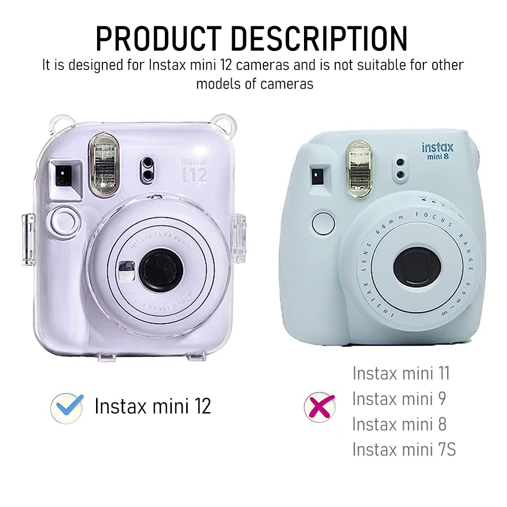 Zeitel Clear Case for Fujifilm Instax Mini 12 with Photo Slot and Removable Shoulder Strap | Travel Protective Camera Cover