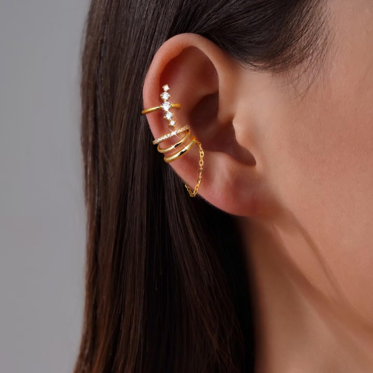 SANNIDHI Ear Cuff Earrings for Women featuring 3 Pairs Gold Cubic Zirconia Non Piercing Set | Hypoallergenic Gift Jewelry