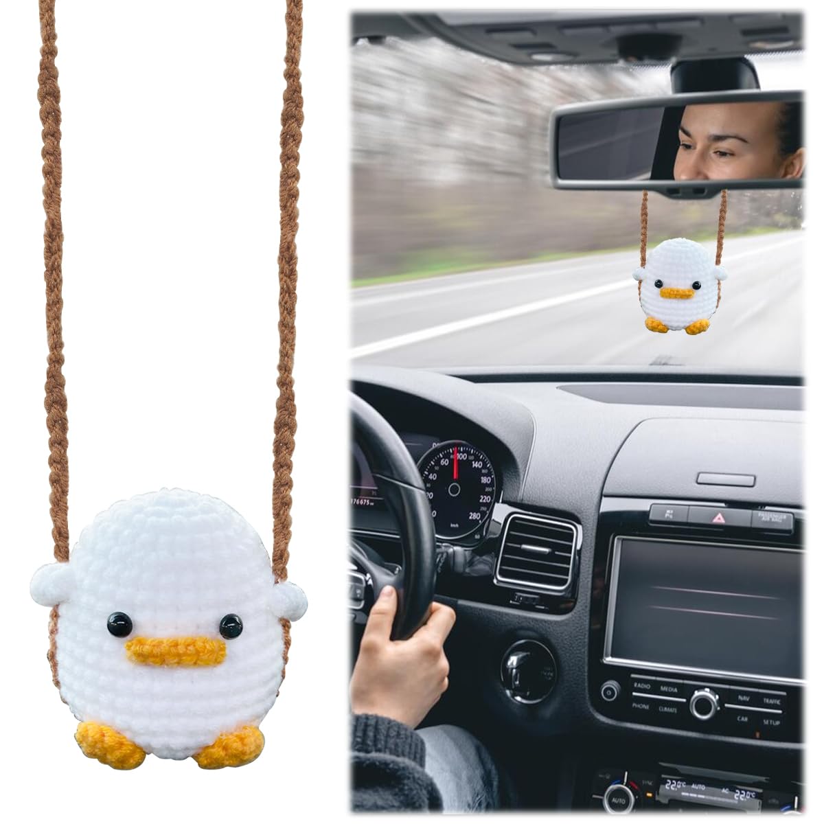 STHIRA Cute Chubby Stuffed Crochet Duck Car Mirror Hanging for Home Décor | Handmade Gift