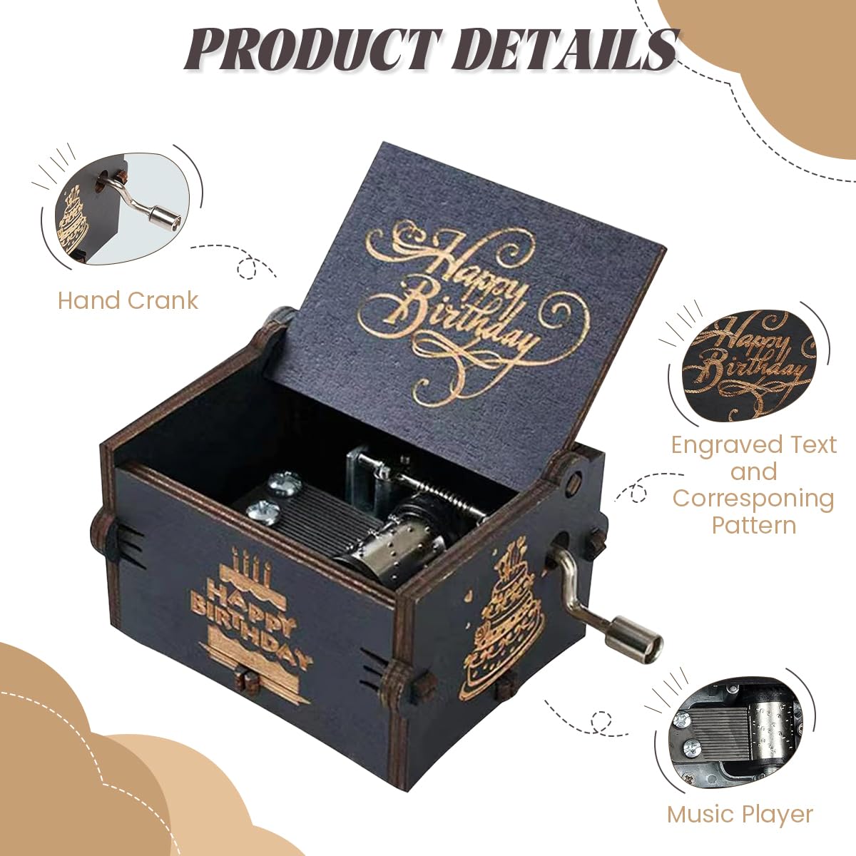 PATPAT Wooden Music Box for Birthday Gift featuring Hand Crank Mechanism and 6.4x5.2x4.2cm Size