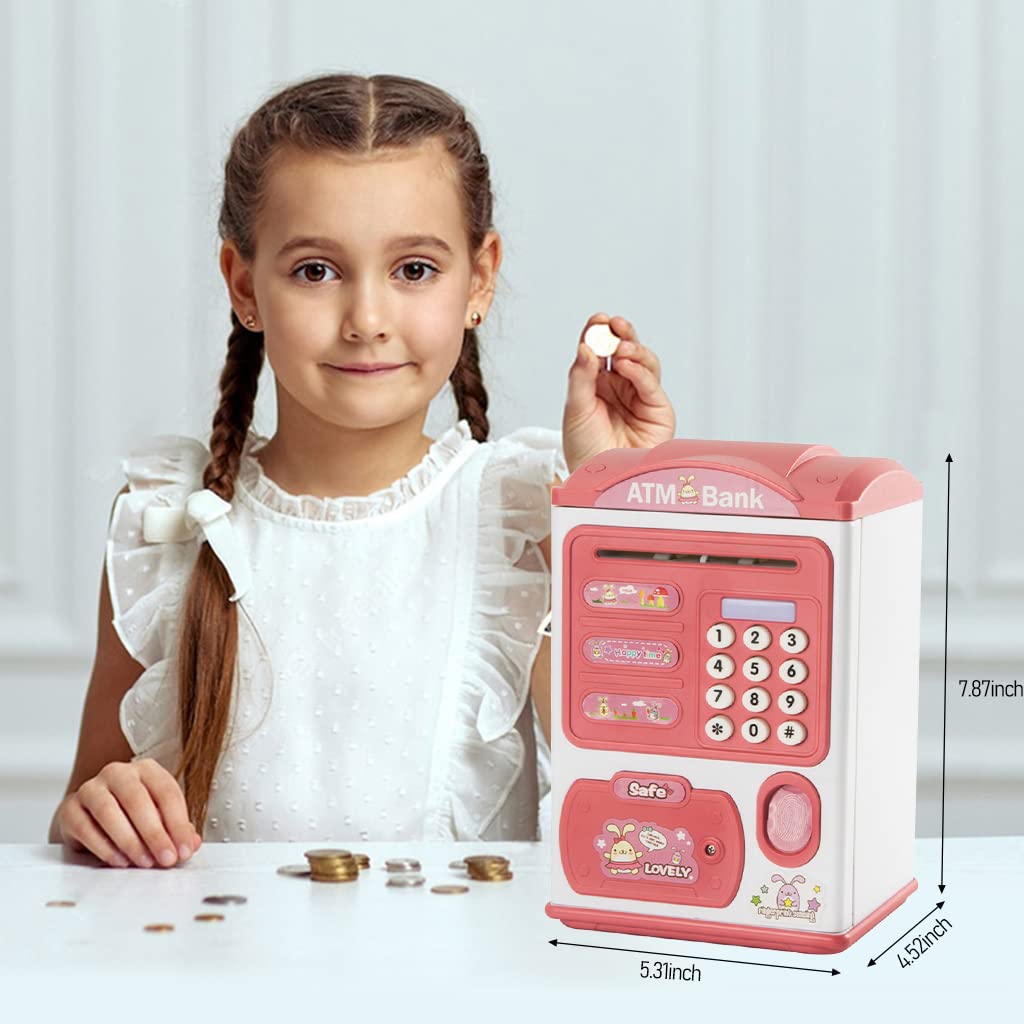 PATPAT Electronic ATM Piggy Bank for Kids with Password and Fingerprint Lock 13.5×11.5×20cm Pink | Fun Money Saving Toy