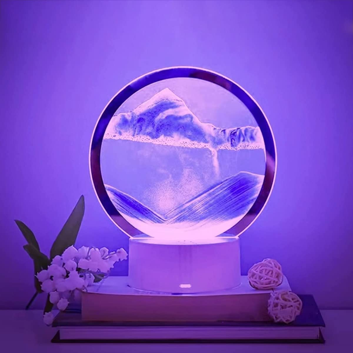 HASTHIP® Moving Sand Art Desk Decoration 3D Showpiece for Home Decor with LED Light Up Base, Glass Art Desk Decoration for Living Room, Office, Table Decorative Items Gifts(Purple)