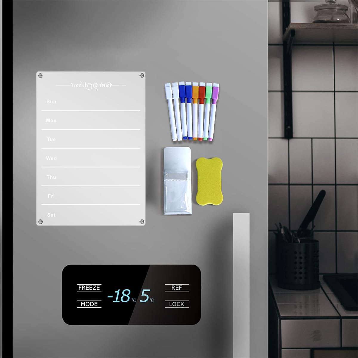 Venzina Acrylic Glass Board Weekly Planner for Fridge with 6 Color Pens 11.69x8.27 in | Clear Magnetic Meal Calendar for Kitchen