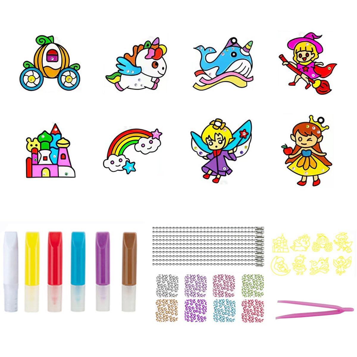 PATPAT DIY Suncatcher Painting Craft Kit for Kids with 8 Cartoon Pendants | Safe Vinyl Set