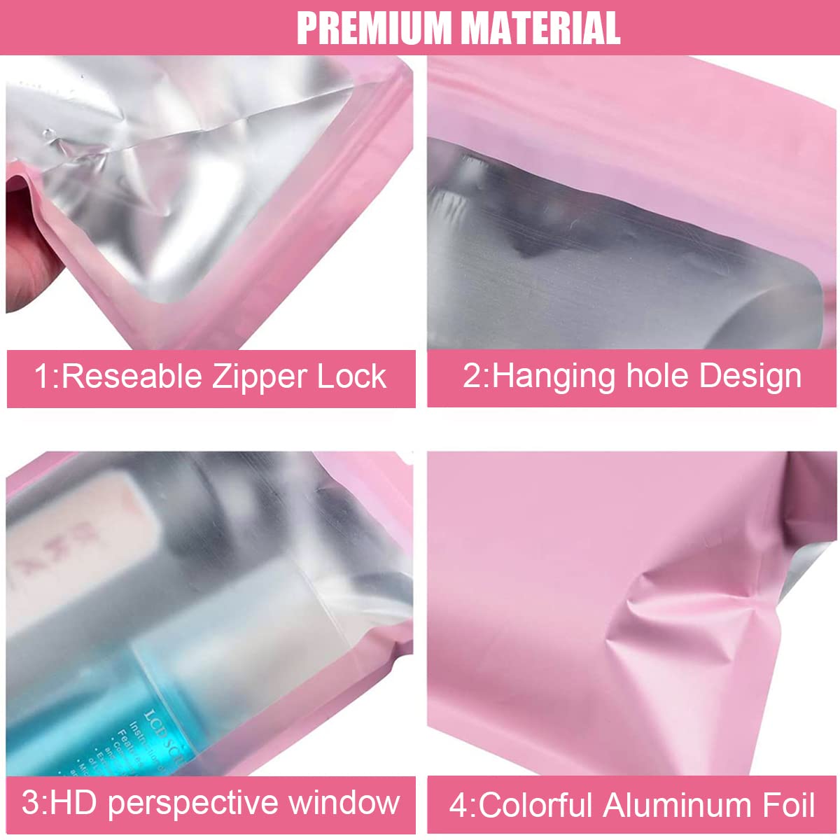 HASTHIP Smell Proof Mylar Bags for Food and Jewelry Storage 100 Pcs 10x18cm | Pink Resealable Ziplock Design