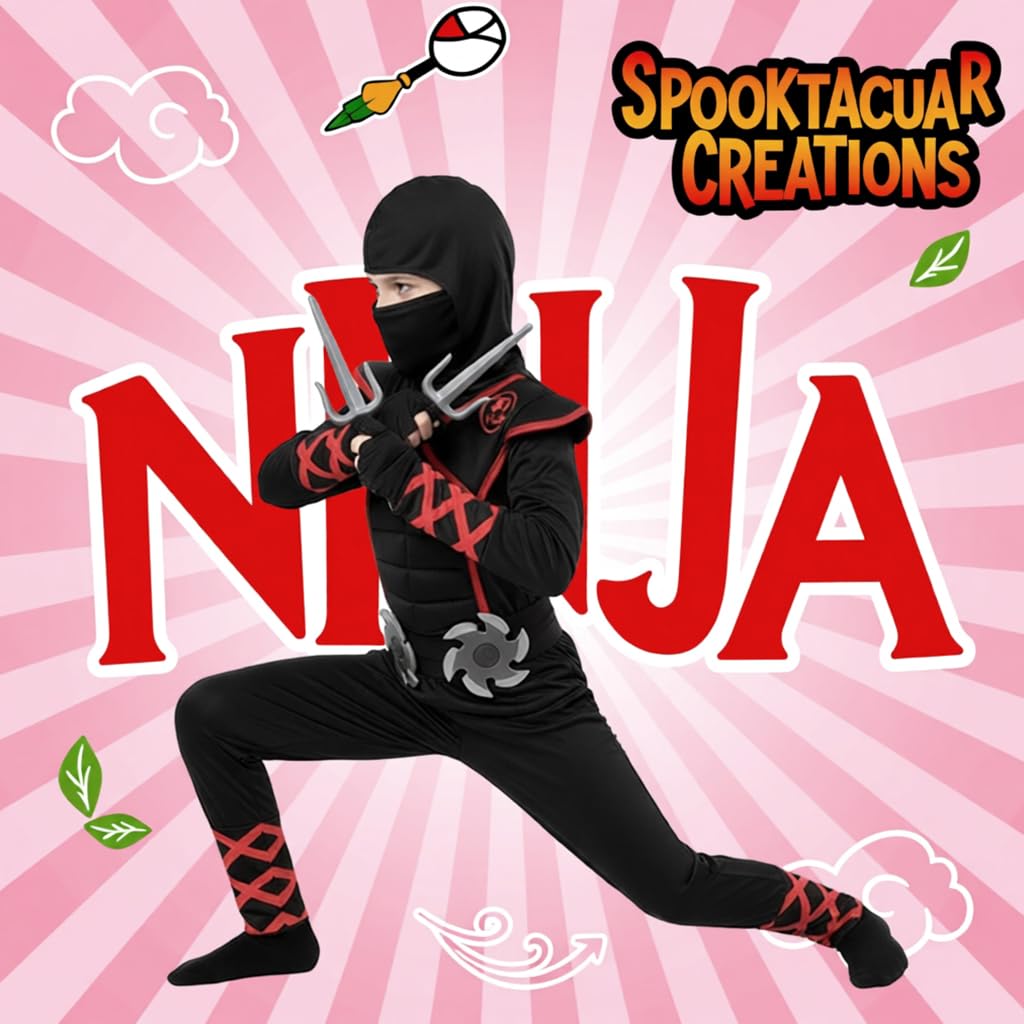 PATPAT Kids Ninja Costume Set for Halloween with Toy Props and Red Accents | Size 110