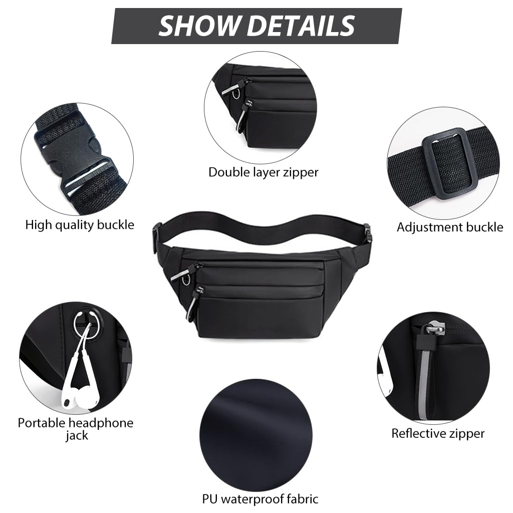 GUSTAVE Waist Bag for Travel and Outdoor Use with 3 Compartments 11x6x2 in | Waterproof Nylon