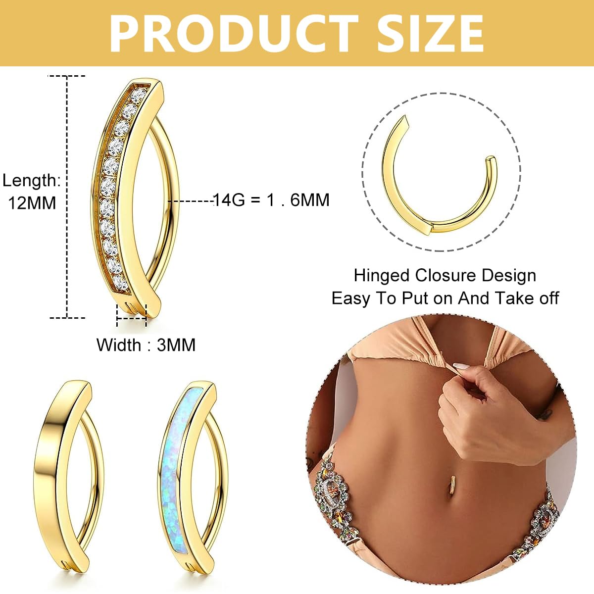 SANNIDHI® 3Pcs Clicker Belly Button Rings for Women, Gold 316L Surgical Steel Body Navel Piercing Jewelry, CZ Opal Small Hoop Belly Rings Gift