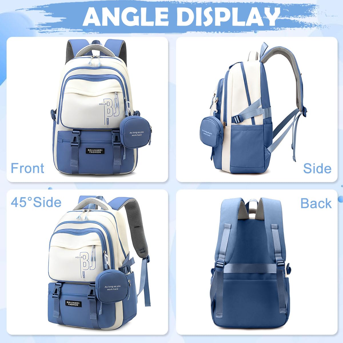 PALAY Girls Backpack for School and Travel with Multi Compartments Blue Nylon 3 PCS Set