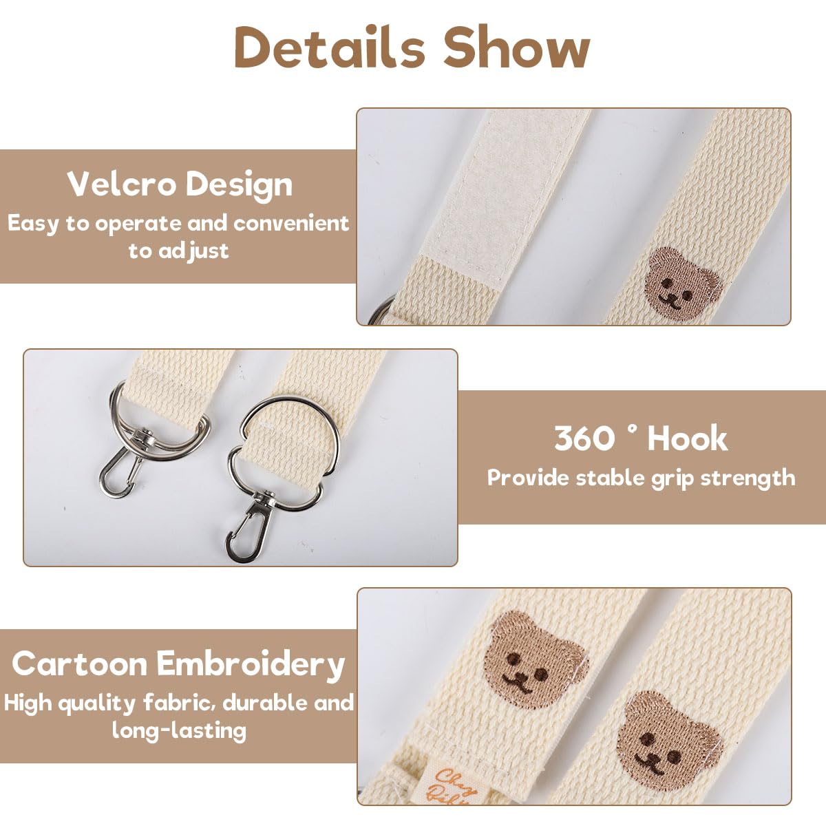 SNOWIE SOFT Baby Stroller Hooks 2 Pack with Metal Carabiner and Adjustable Cotton Straps | White Bear Design for Bags and Diapers