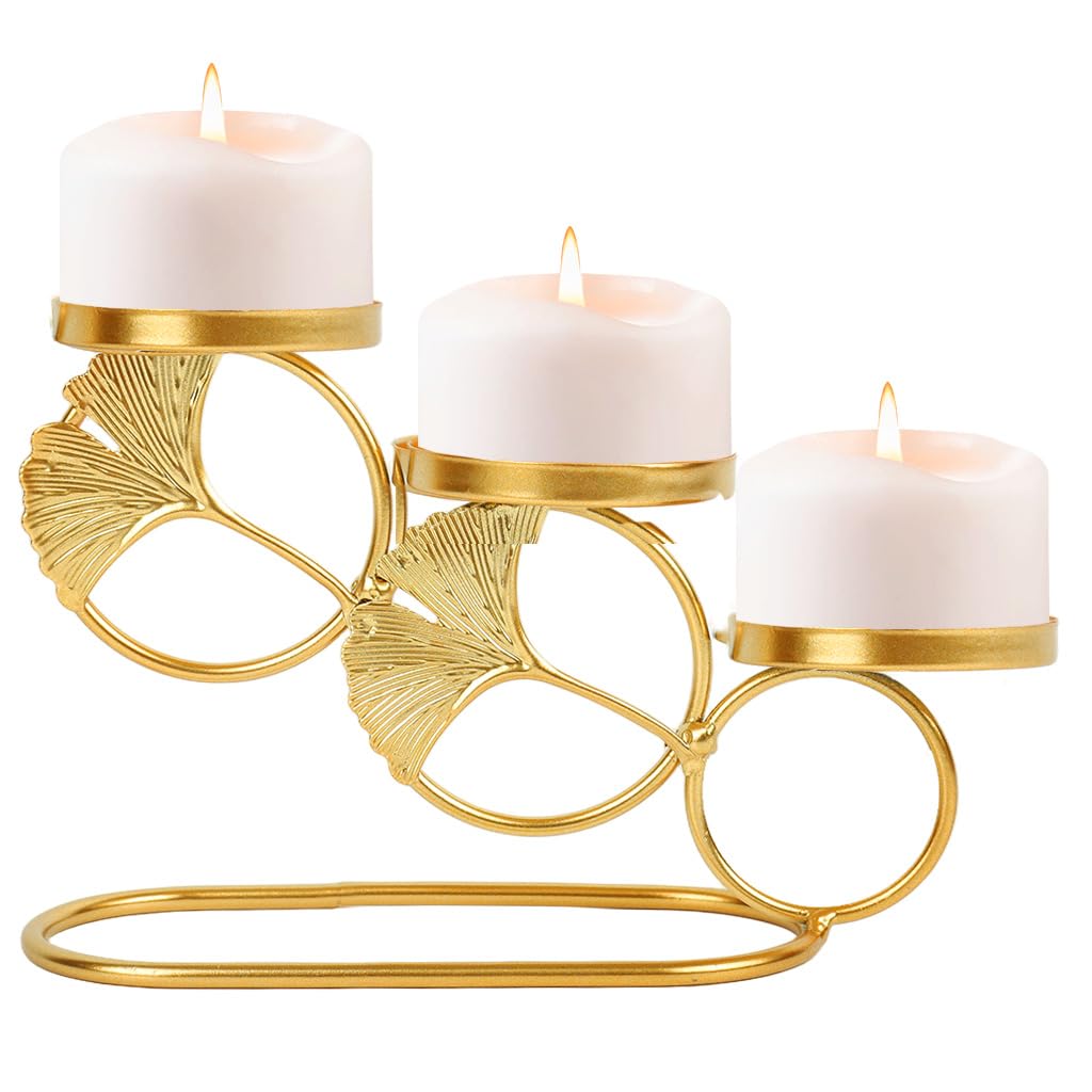 HASTHIP Candle Holder Stand for Home Decor with Three-Cup Design and 7.84x4.72 in Size | Golden Ginkgo Metal Tealight Display