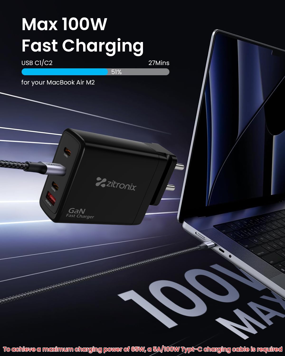 Zitronix 65W GAN Charger for Phone Tablet and Laptop featuring 4 in 1 Ports | QC 3.0 Fast Charging