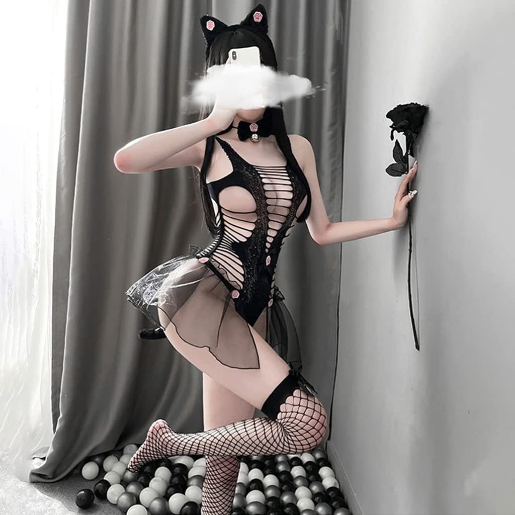 Zibuyu Sexy Lingerie Set for Women featuring Hairband Bell Bow Choker and Net Socks for Cosplay Party