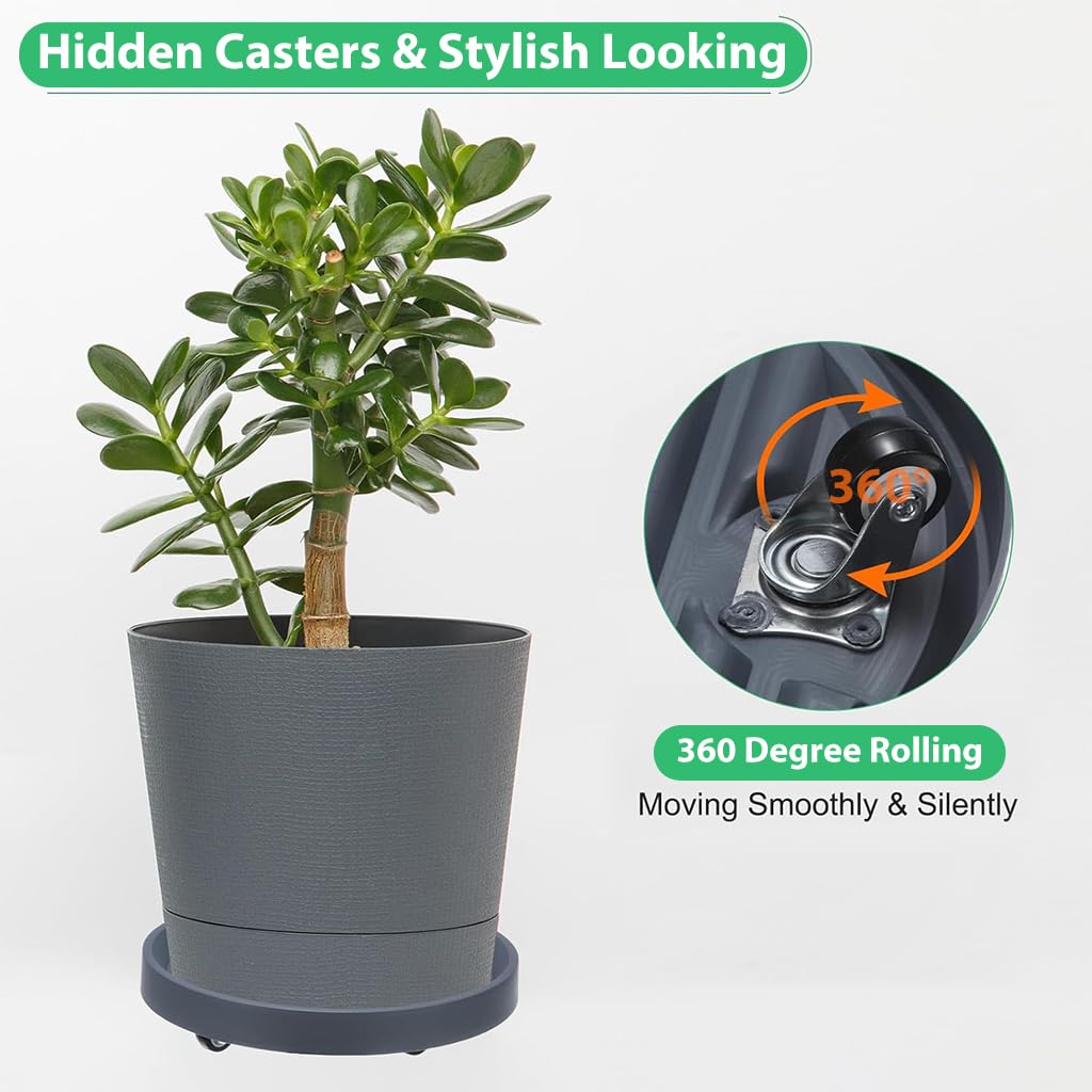 HASTHIP Round Plant Caddy with Wheels for Indoor and Outdoor Pots featuring 4 Hidden Locking Wheels and 28 cm Grooved Plastic Surface