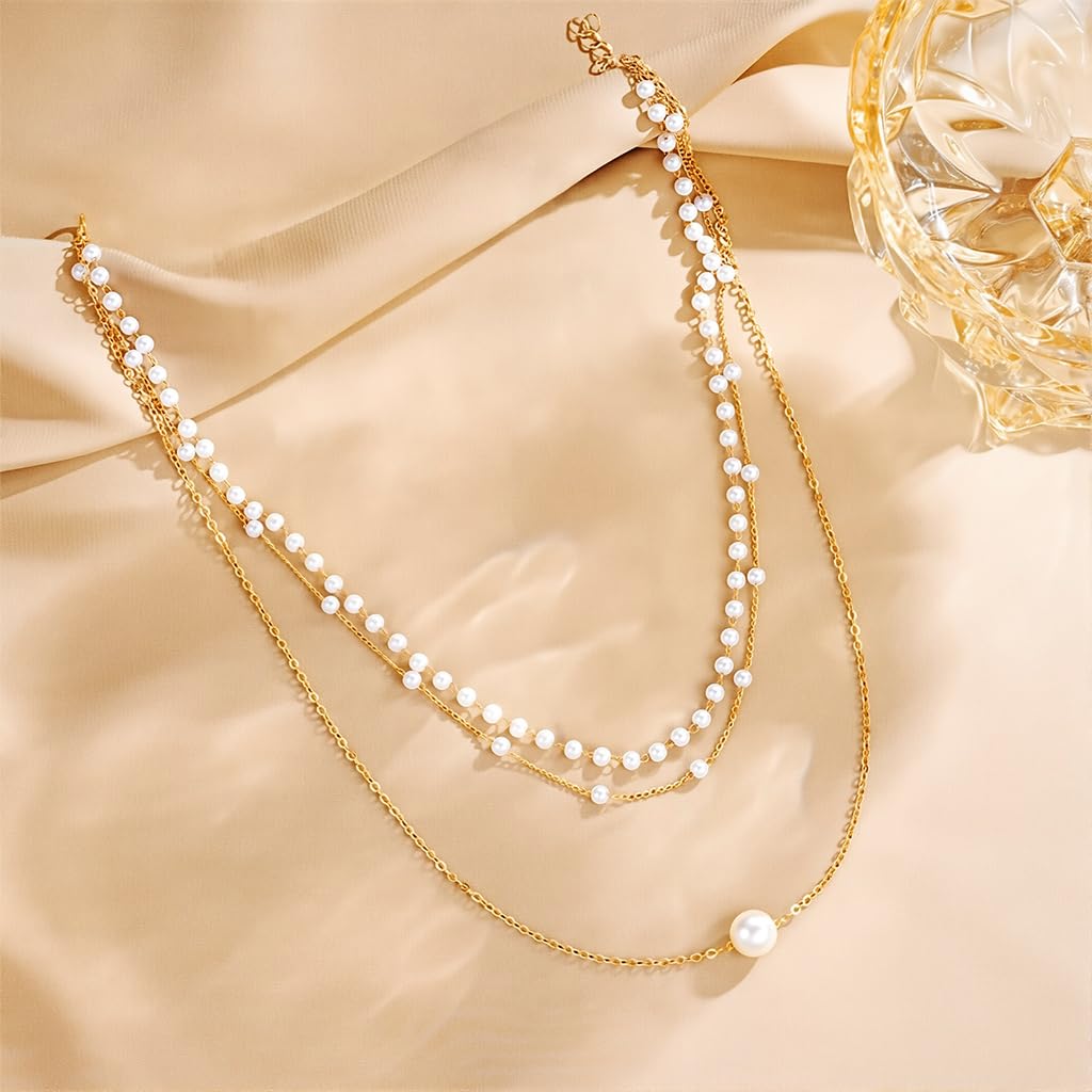 SANNIDHI Pearl Necklace Set for Women featuring 3PCS Gold Layered Chains with Pearls