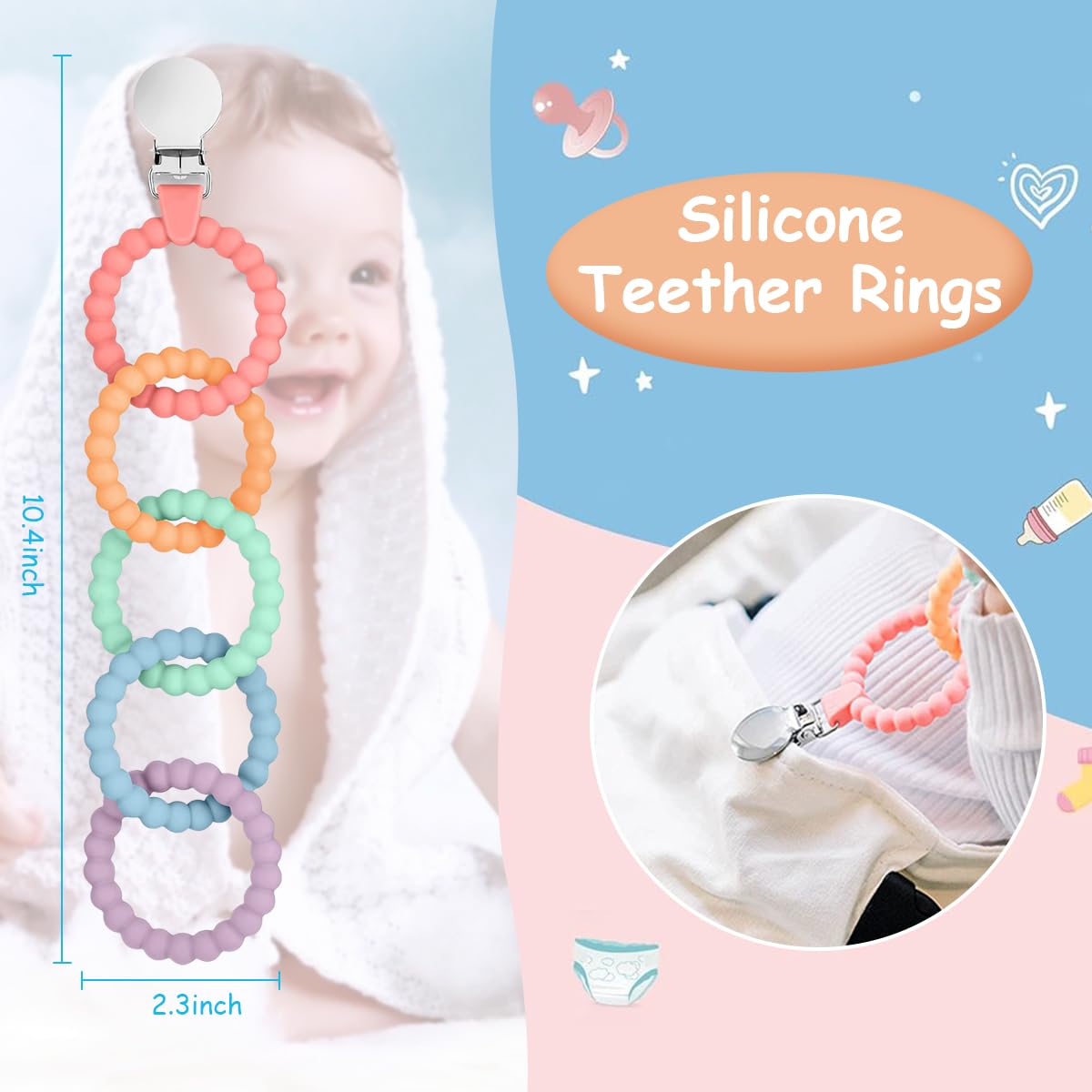 SNOWIE SOFT® Silicone Loop Teether for 6 to 12 Months Baby Baby Teethers for 3 to 6 Months Bpa Free Foodgrade Loop Toy for Baby Anti-Lost Baby Teether Toy Attachable Baby Teether Toy for 0-24 Months