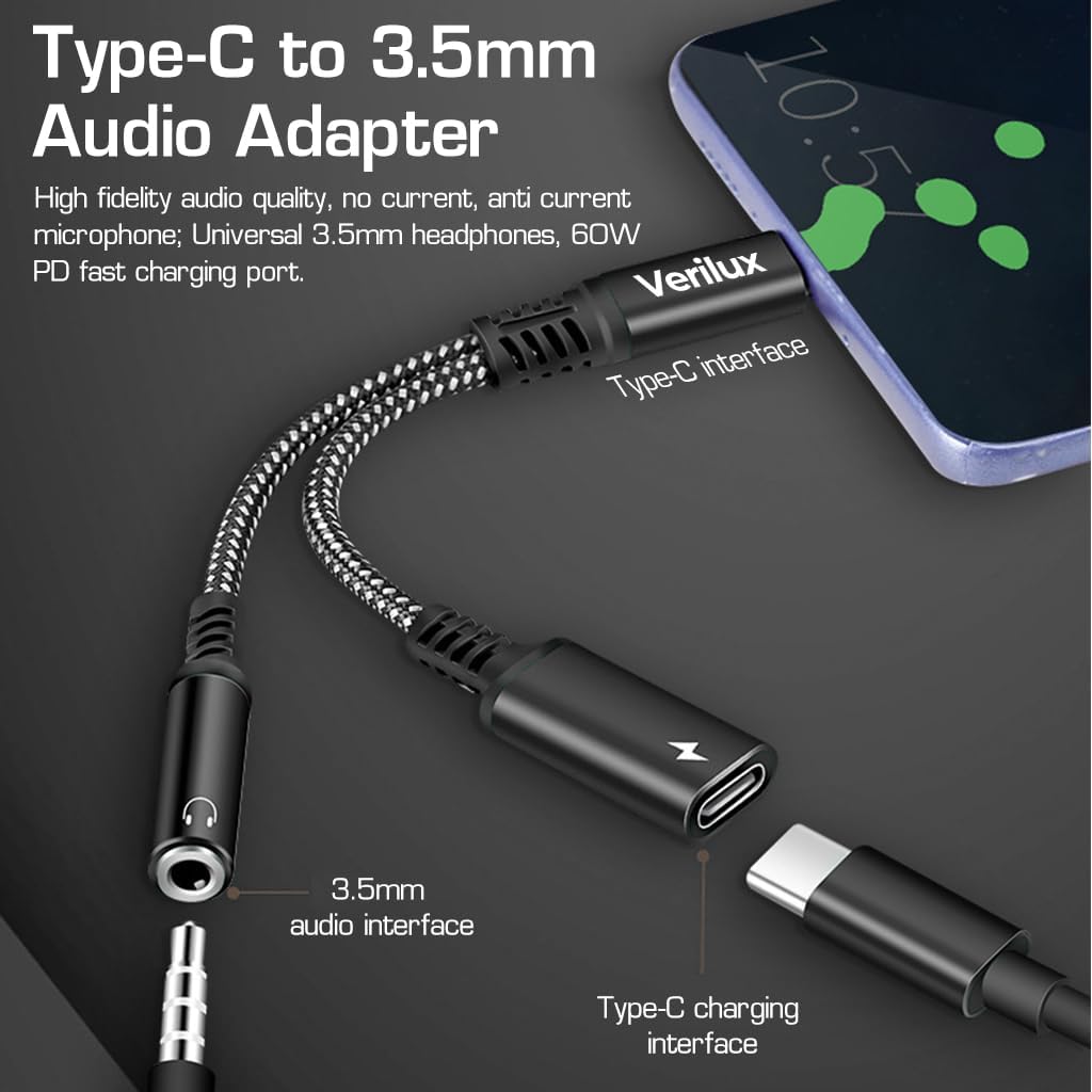 Verilux® USB C to 3.5mm Jack Audio Adapter, 2 in 1 Type C to Aux Audio Jack with 60W PD Fast Charging, Game Sound Card Game Audio Adapter Compatible with Galaxy S22 S21 Ultra 5G S20 S20+ Plus Note 20