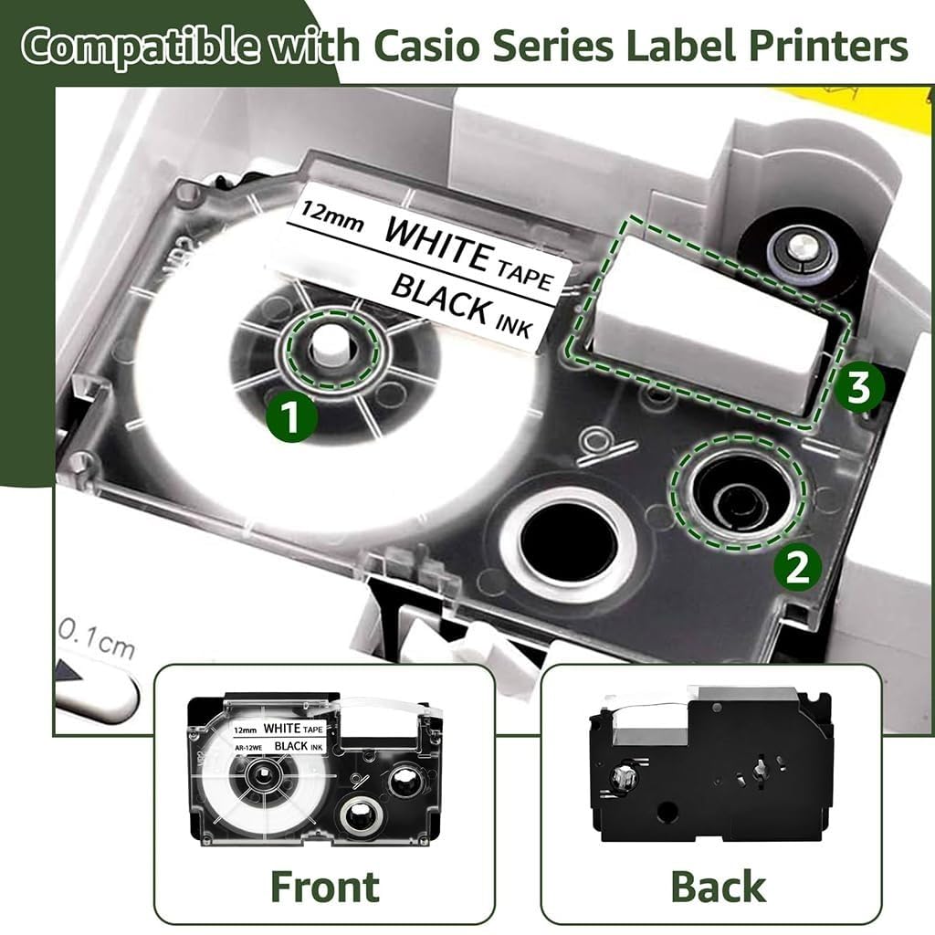 ZIBUYU Label Tape for Casio Label Printers featuring Waterproof 12mm 8m Roll | White with Black Ink