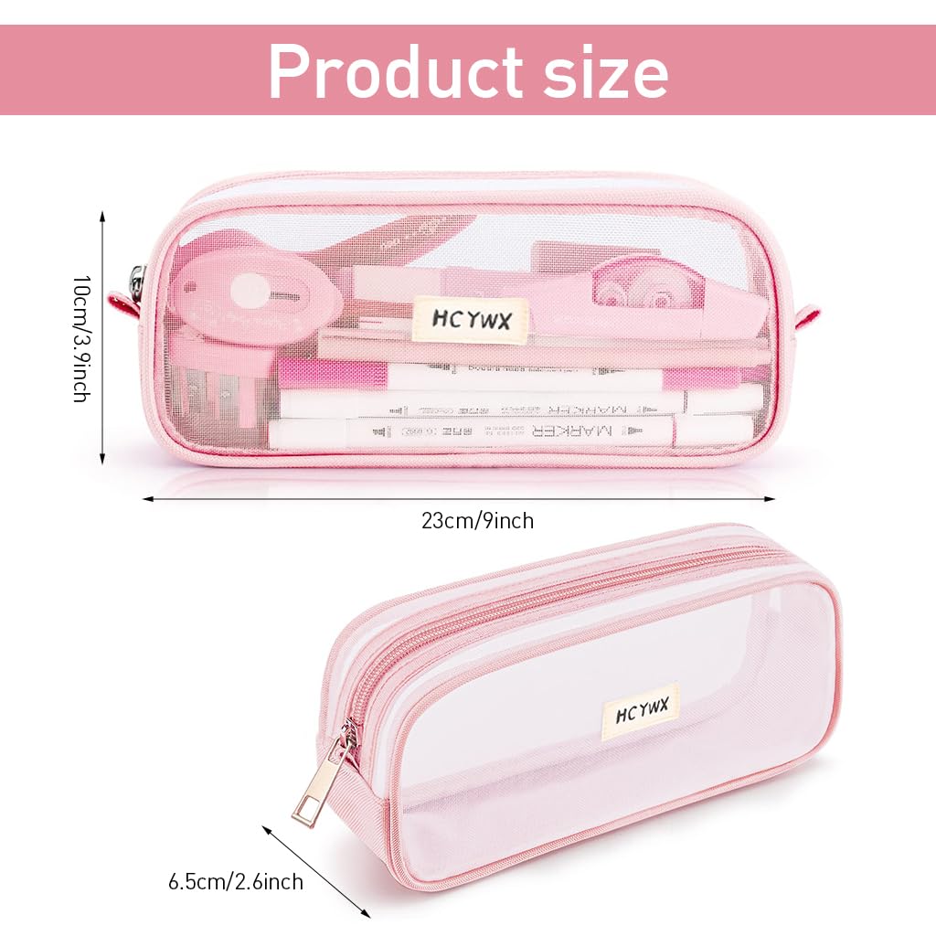 Climberty Grid Mesh Pencil Case for School and Office featuring Easy Access Zipper | 22.5x7.5x9.5 cm Pink Transparent Nylon