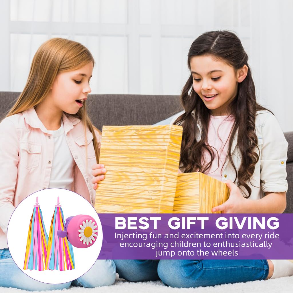 Proberos Kids Bike Bell with Daisy Flower and Pink Dome for Bikes and Scooters | 2 Pack Tassels