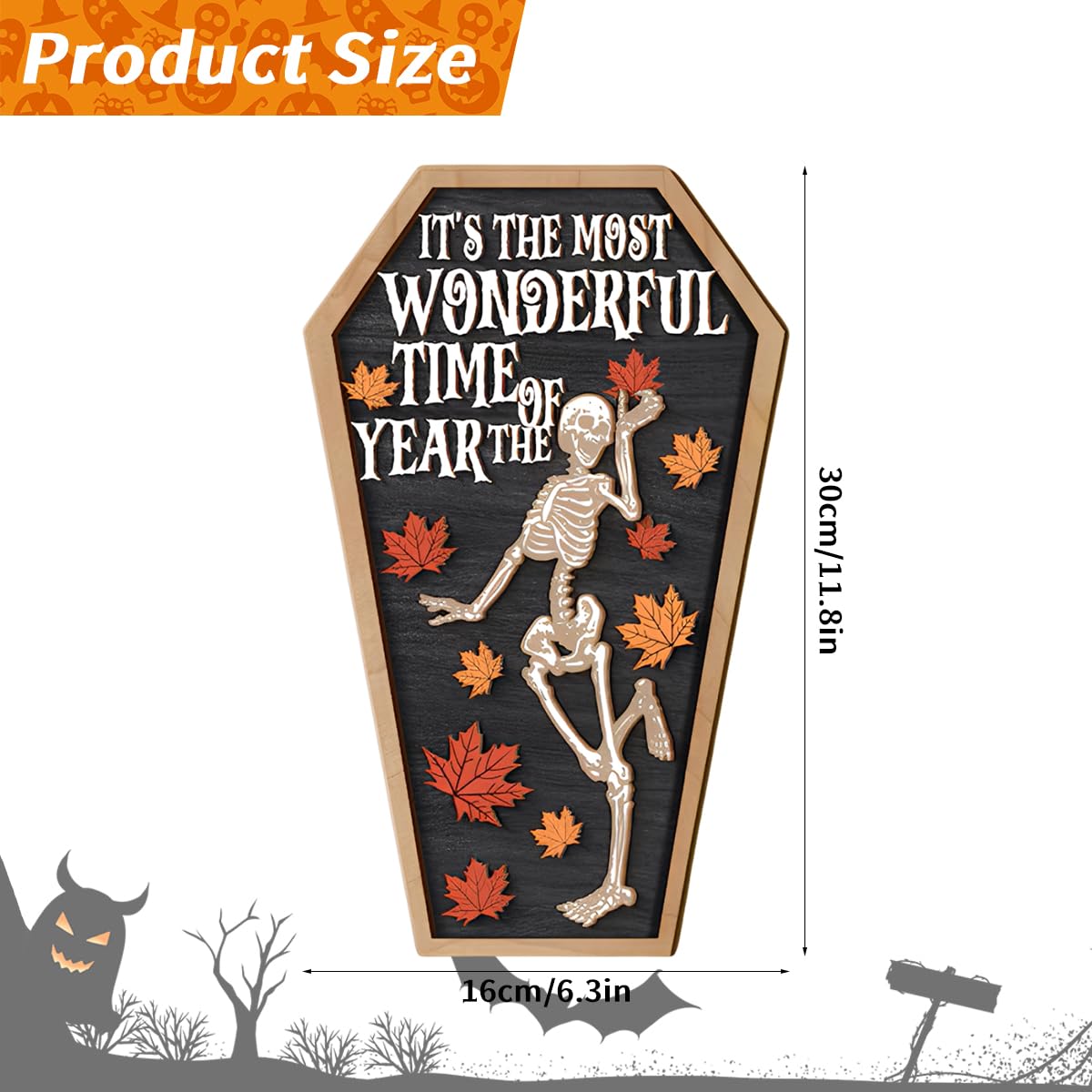 HASTHIP Halloween Desk Decor for Party and Home featuring Wooden Skeleton Coffin Panel 6.3x11.8cm