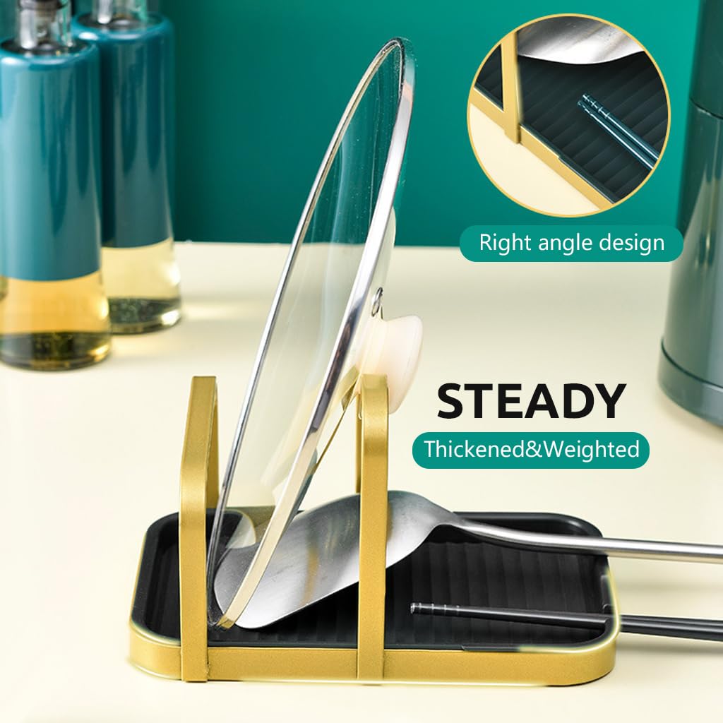 HASTHIP Spoon Rest Pot Lid Holder for Kitchen Organization with Detachable Drain Tray 20x13.8x11.5cm featuring Metal Dual Golden Black Design