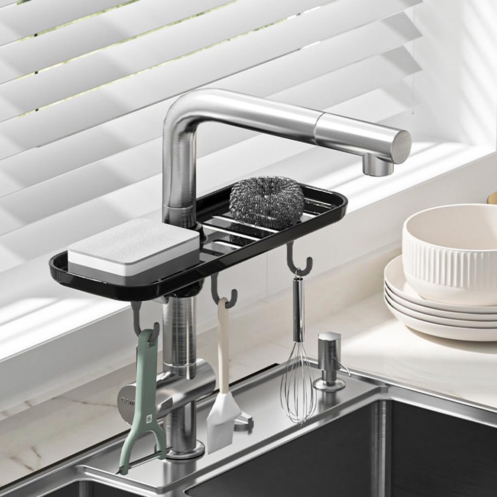 Supvox Kitchen Sponge Holder for Sink Organization with 3 Hooks and ABS Drain Rack | Faucet Mount