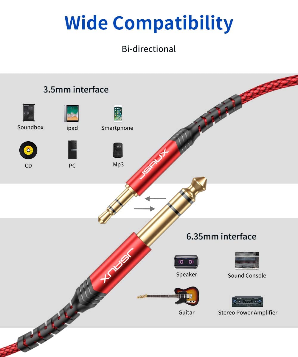 JSAUX 3.5mm to 6.35mm Aux Cable for Guitar and Speakers featuring 24K Gold Connectors | 10ft Nylon Braided 3 Pack