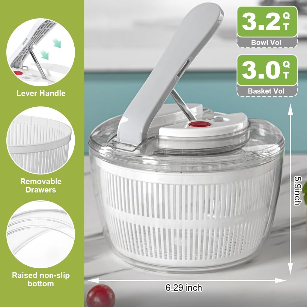 Supvox® Salad Spinner 3L Manual Salad Dryer with Bowl Effortless Press-Down Salad Spinner and Dryer with Strainer, Vegetable Dryer Spinner for Food Preparation, Salad Making, Pasta