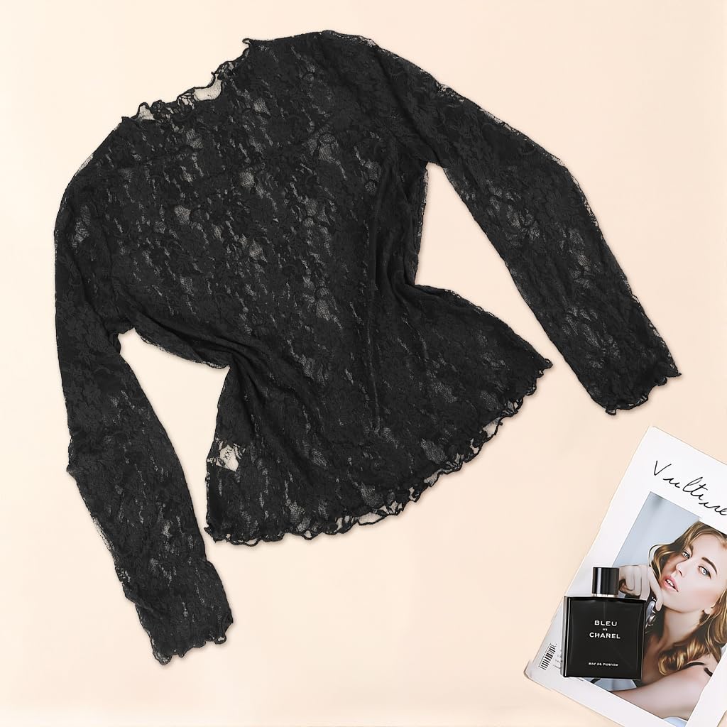 SANNIDHI Mesh Long Sleeve Top for Women featuring Floral Lace Embroidery | Sheer Mock Neck Blouse