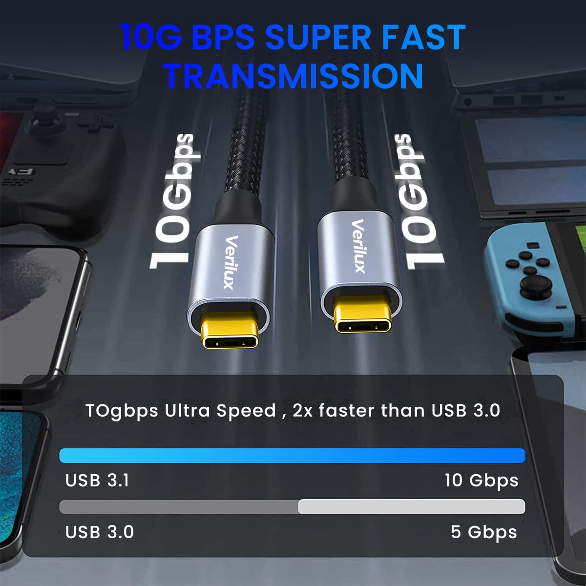 Verilux USB C Cable for Fast Charging 100W 10ft with E Marker Chip | 10Gbps Data Transfer