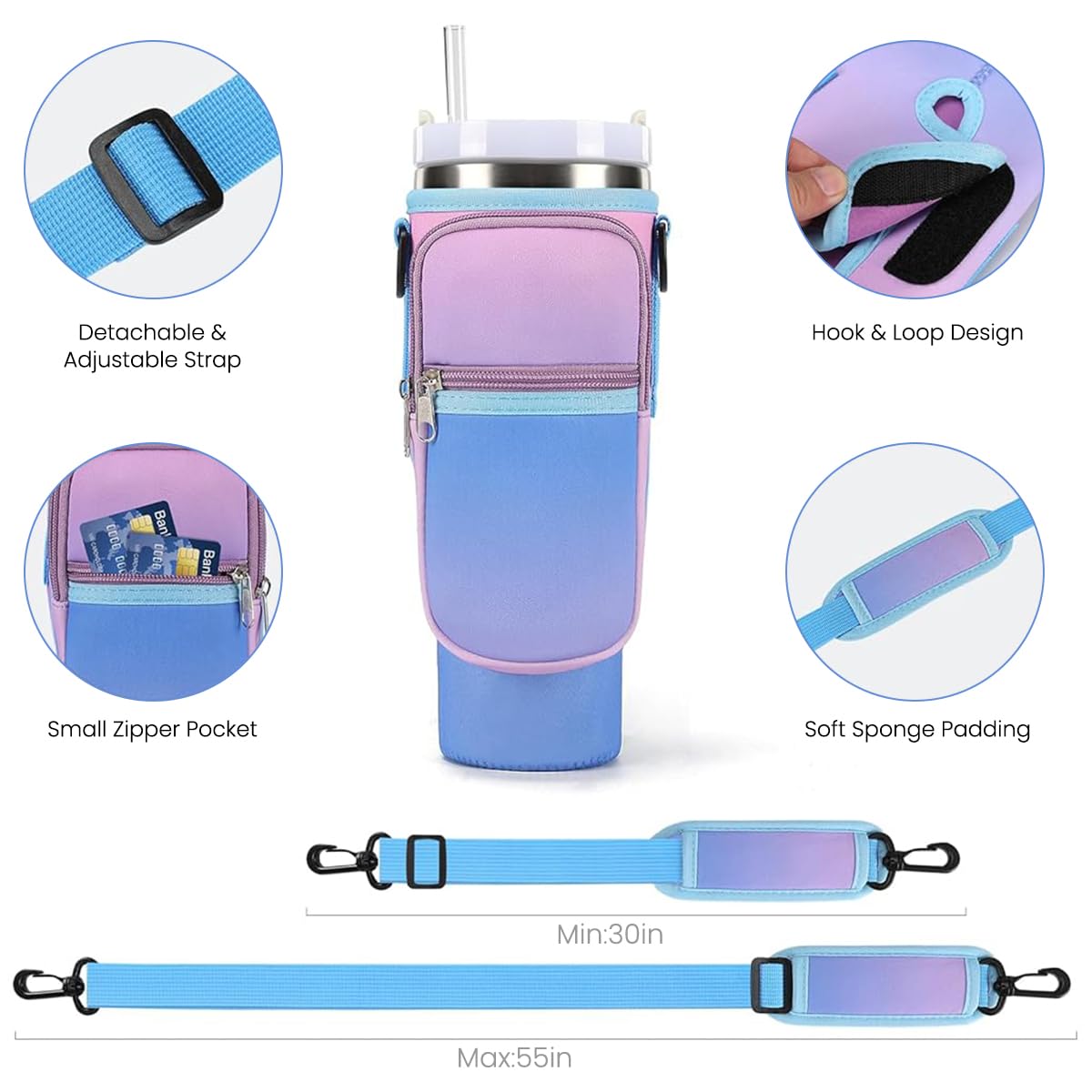 HASTHIP Water Bottle Carrier Bag for Stanley 40oz Tumbler with Phone Pouch and Strap | Neoprene Gradient Purple 3 PCS