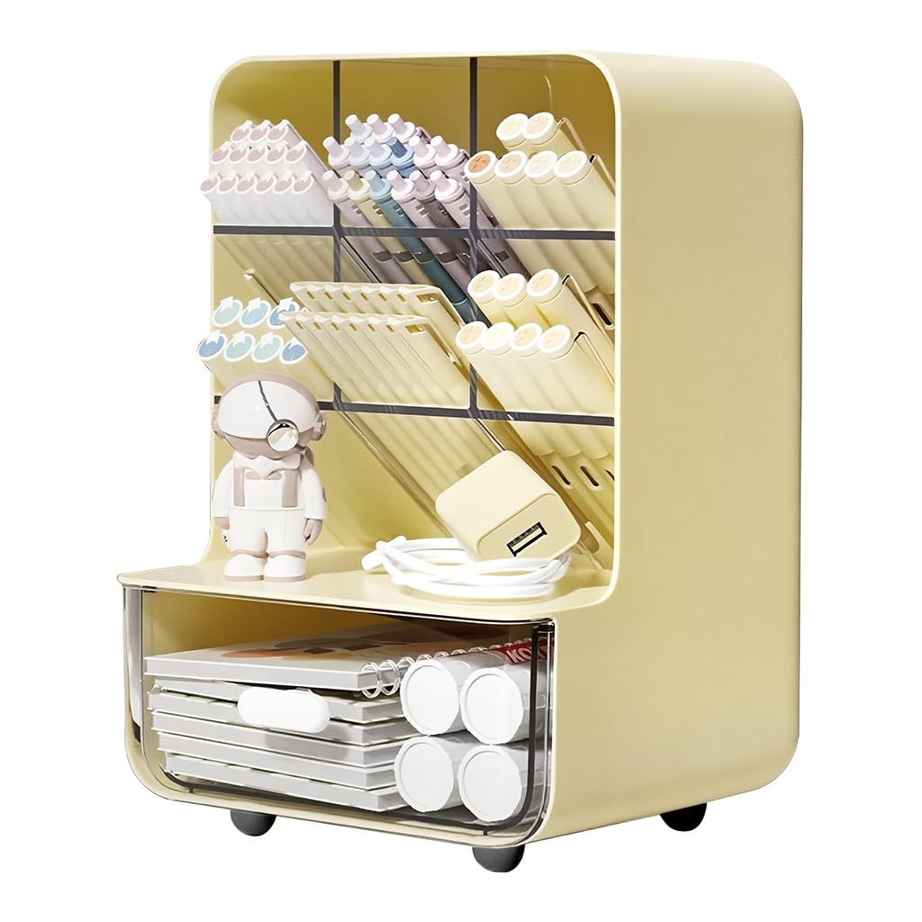 Zibuyu Acrylic Makeup Desk Organizer for Vanity and Office with 6 Partitions & Drawer | 7 x 5.4 x 9.45 in Clear PET Storage