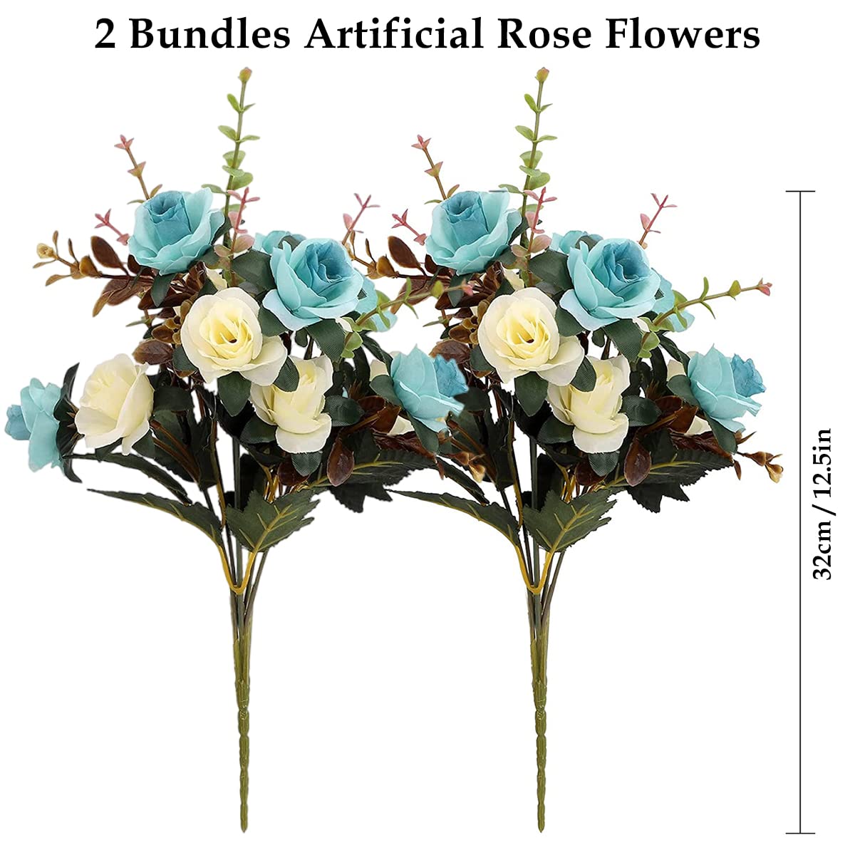 HASTHIP Artificial Rose Flowers for Home and Wedding Decoration with 2 Bundles Blue and White | Silk Fabric Realistic Rose Bouquet