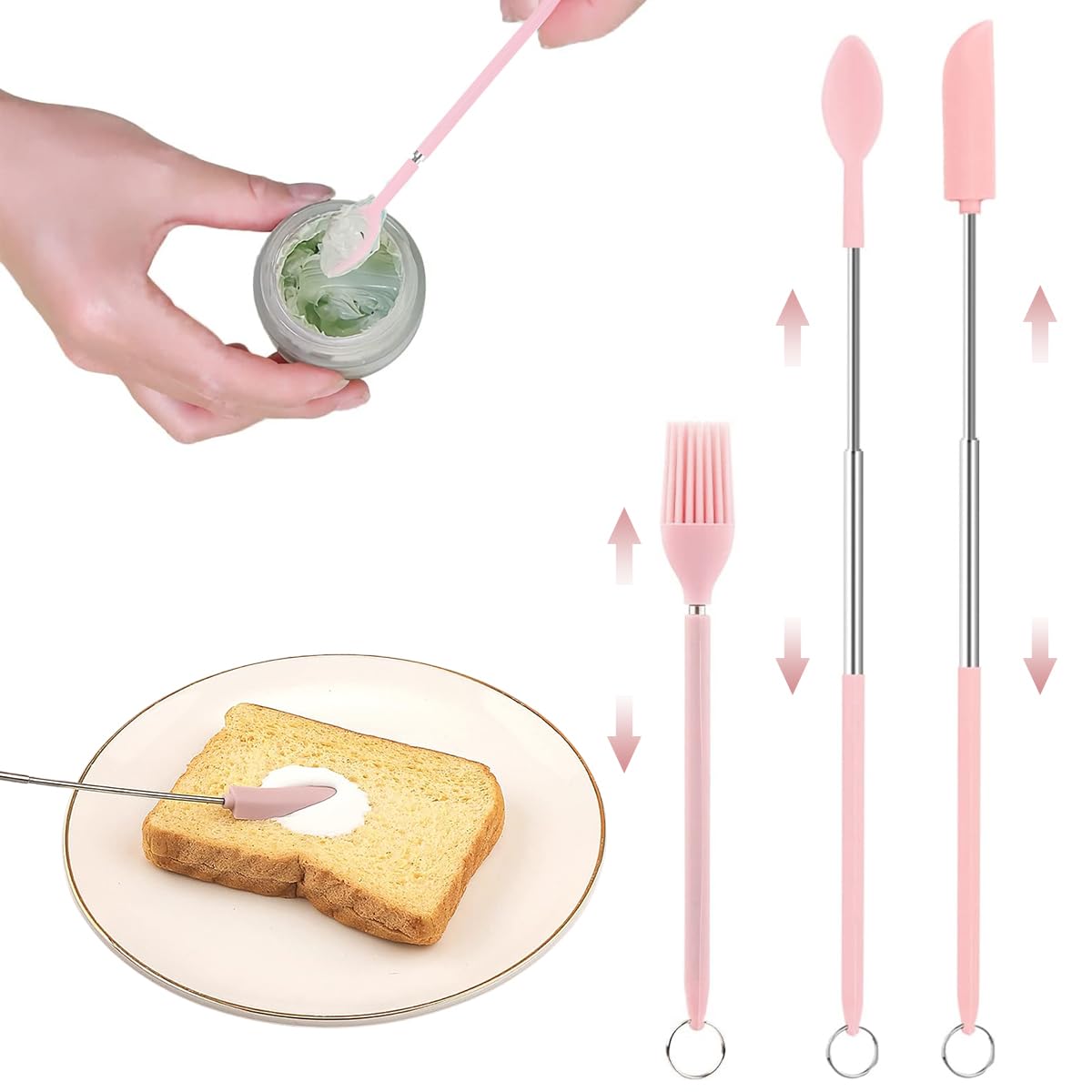 HASTHIP Mini Silicone Scooping Tools for Kitchen and Beauty Use 3Pcs Set | Telescopic Handles with Food‑Grade Silicone and Steel