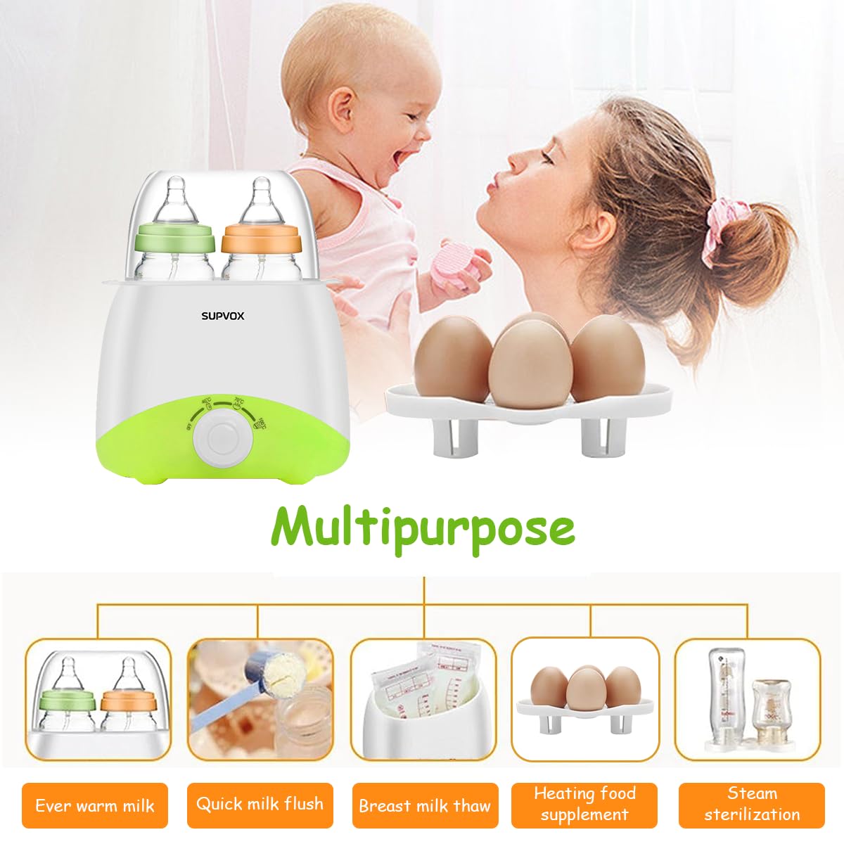 Supvox® Bottle Warmer for Babies Milk Electric 6 in 1 Sterilizer for Feeding Bottles with 8-15 Mins Fast Warming, 24H Keep Warm Food Heating Timer Adjustable Temp Baby Bottle Sterilizer Machine(Green)