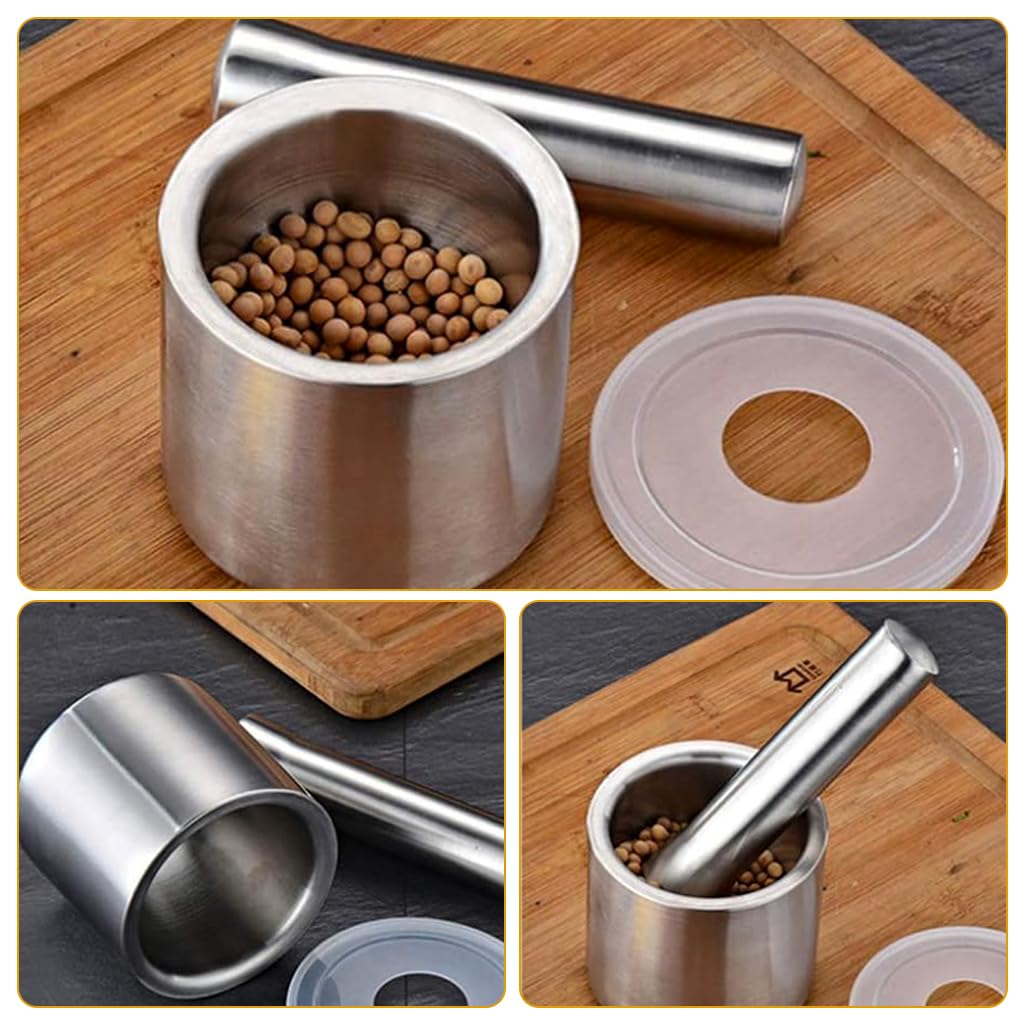Supvox Mortar and Pestle for Spice and Herb Grinding featuring Lid Hole Design | 10cm 304 Stainless Steel Bowl