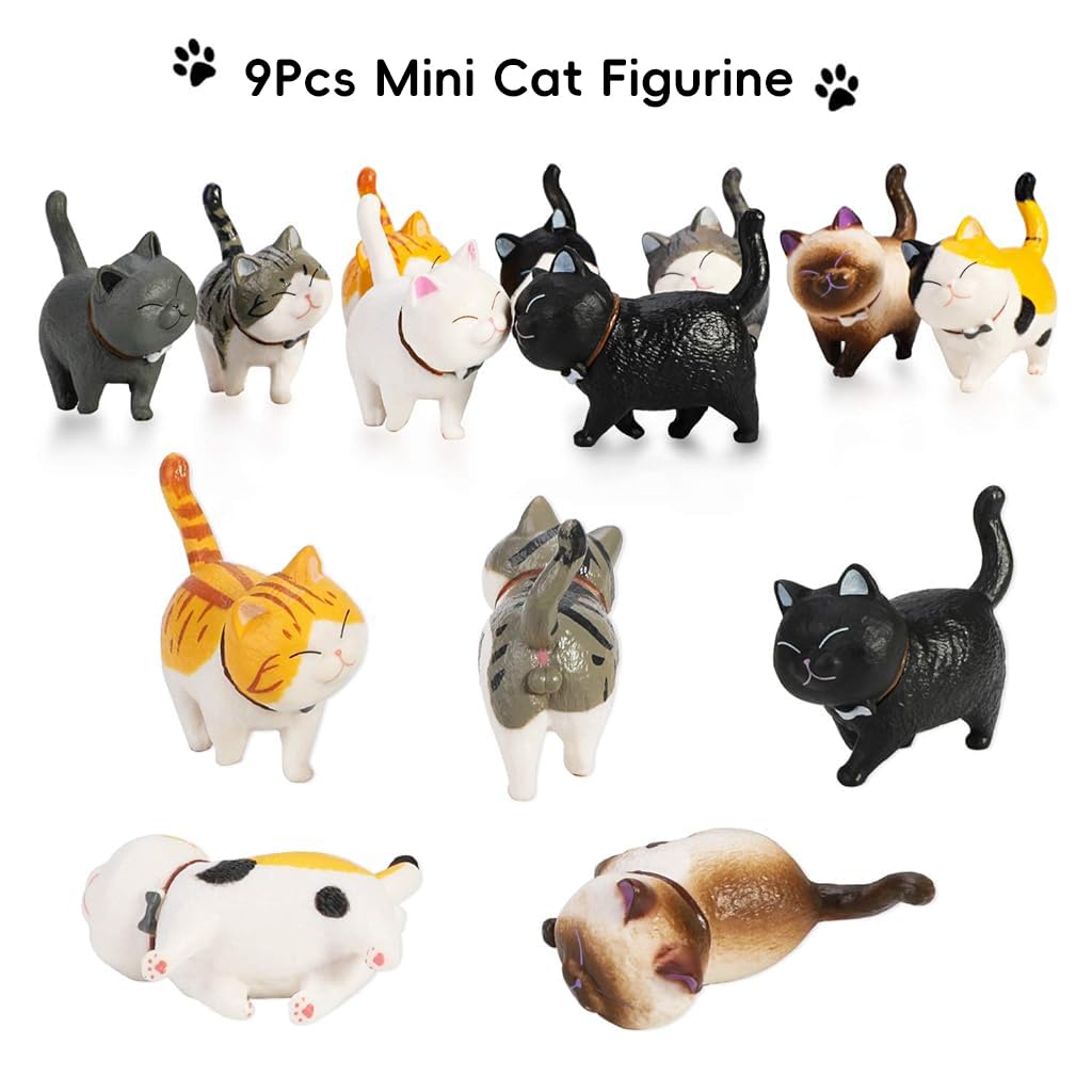 ZIBUYU Mini Cat Figurine Set for Home Decoration featuring 9 PVC Cats | Gift for Cat Lovers