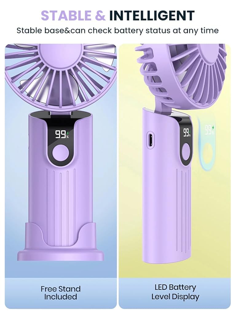 Verilux® USB Handheld Fan Mini Desk Fan Neck Fan with Detachable Neck Strap 3 in 1 Variable  USB Cordless 5000mAh Portable Pocket Cooling Fan for Travel, Hiking, Office, Purple