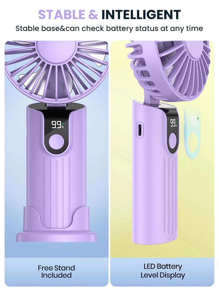 Verilux USB Handheld Fan for Travel and Office with 5000mAh Battery and Detachable Neck Strap | Purple Portable Cooling Fan