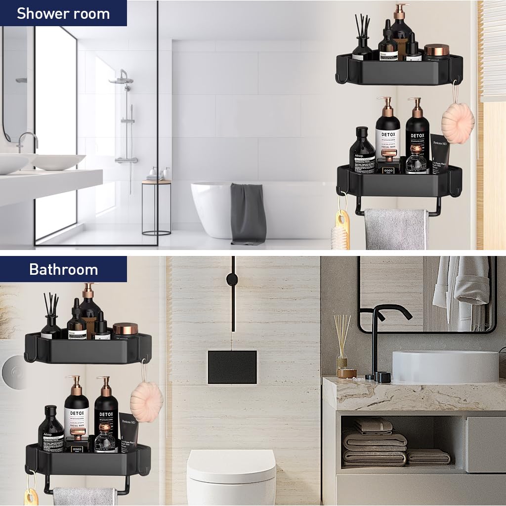 Supvox Bathroom Corner Shelf for Toiletries featuring Self Adhesive Design and 25cm Layers | Aluminium Wall Rack with Quick Drainage