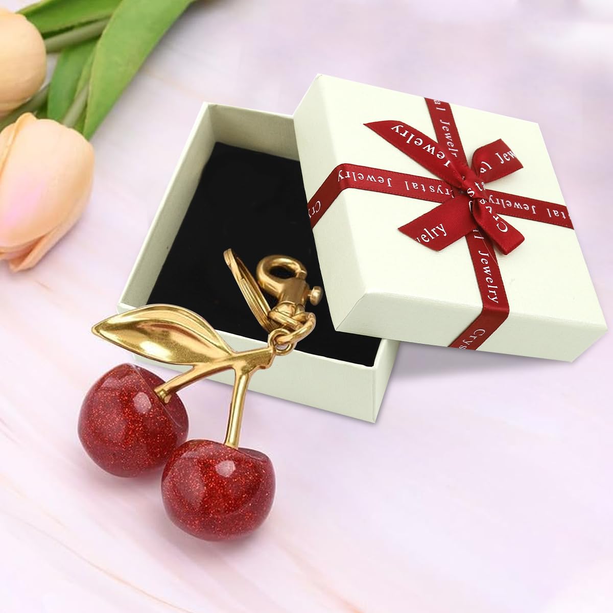 SANNIDHI Cherry Bag Charm for Handbags Featuring Gold Metal Detailing and Gift Box | Fashion Keychain for Women and Girls