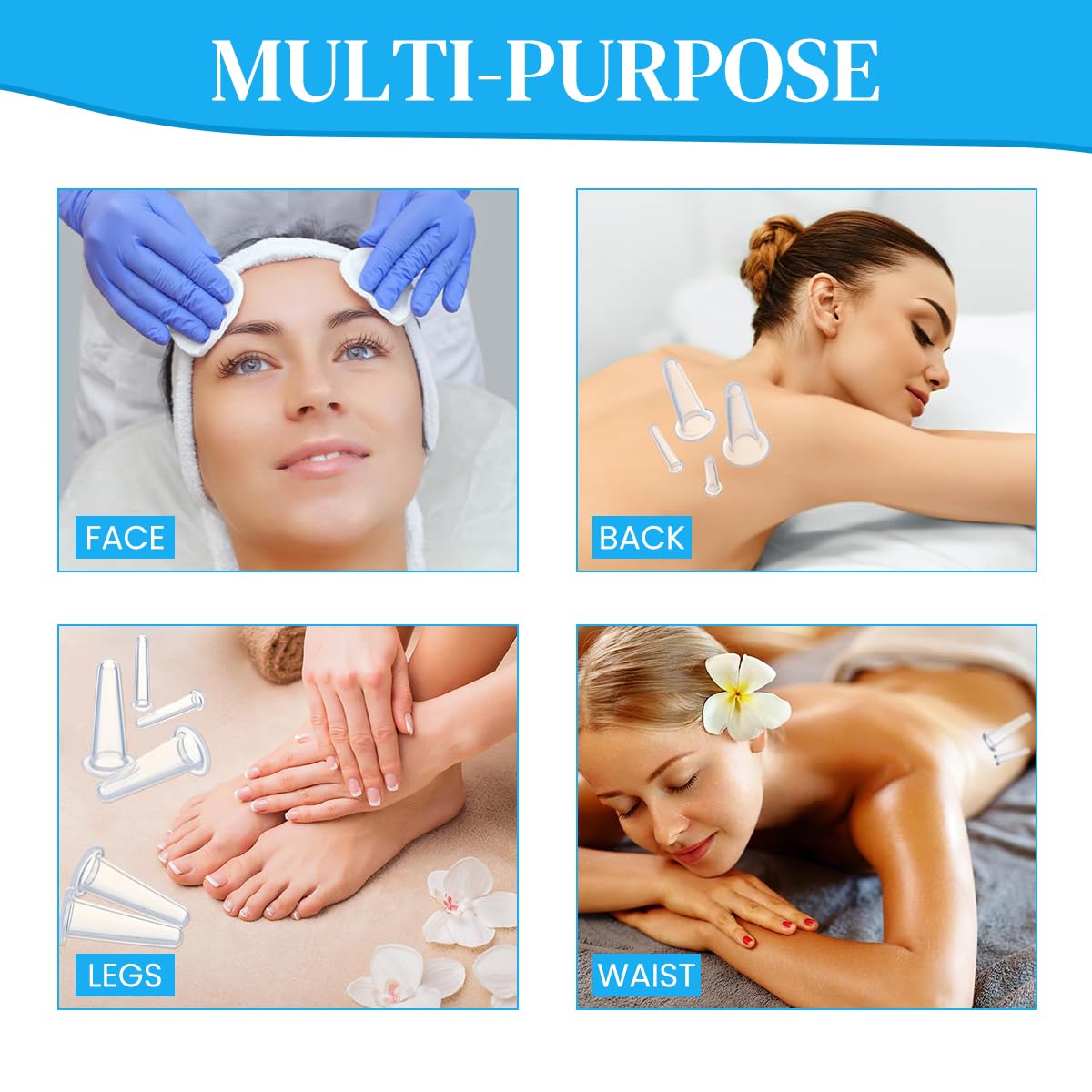 ZIBUYU Facial Cupping Set for Face Lift with 4 Silicone Vacuum Cups | Gentle Skin Massage