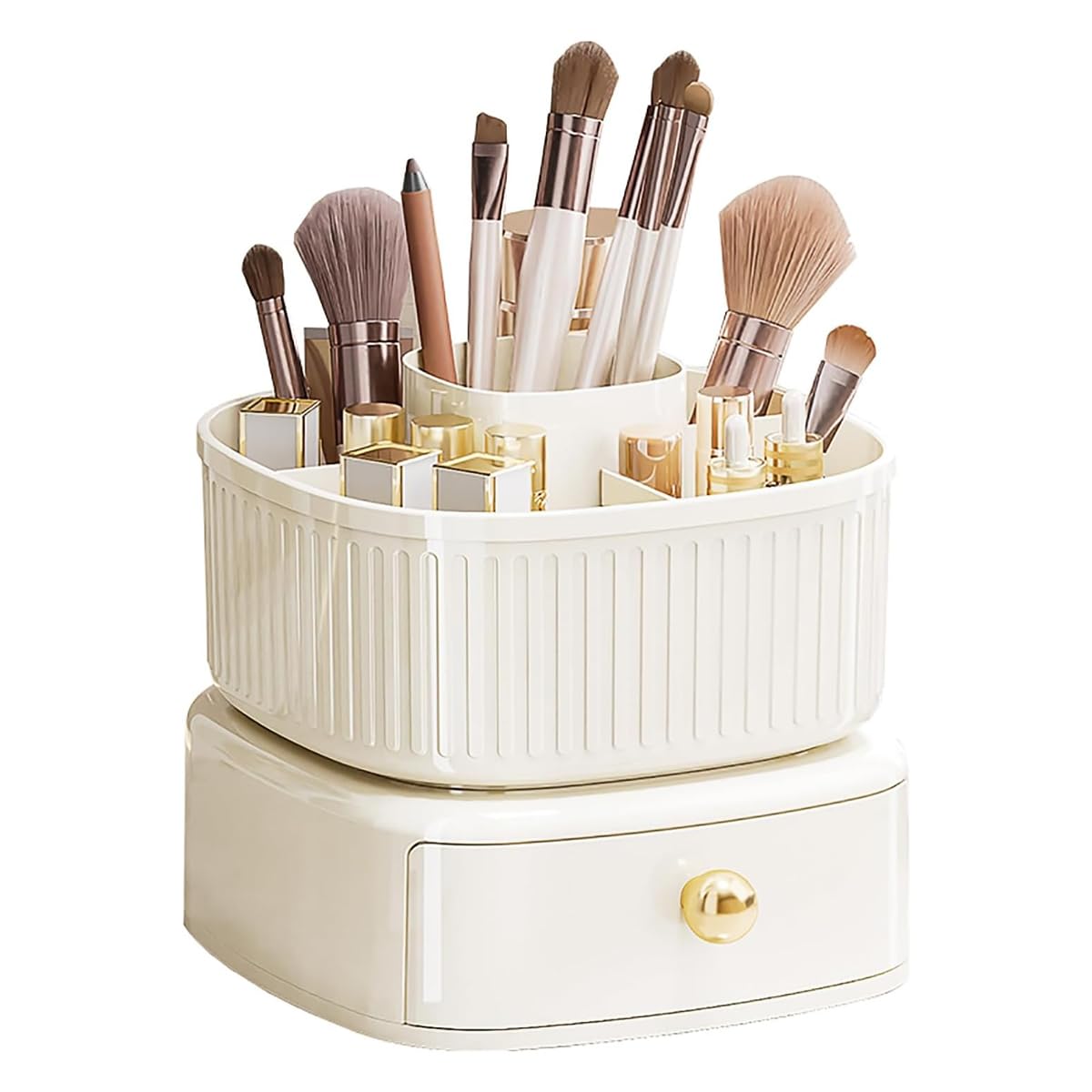 MAYCREATE® Makeup Organizer Box, 360° Rotating Makeup Brush Holder with Drawer, Cosmetics Display Case Skincare Storage for Vanity Desktop Bathroom - Ivory