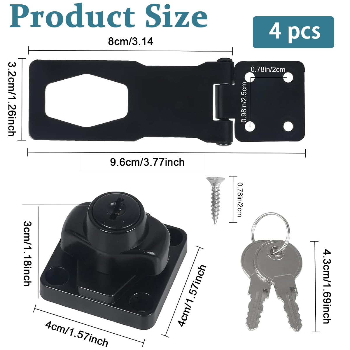 HASTHIP Door Lock Set for Drawers and Cupboards with Key Locking Hasp 80x32mm | Black Stainless Steel Security Latch