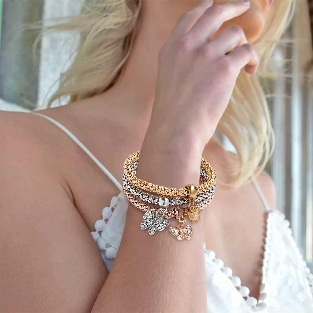 Venzina Bracelets Set for Women featuring Heart Charm Design in Gold Silver and Rose Gold | 3 Pack