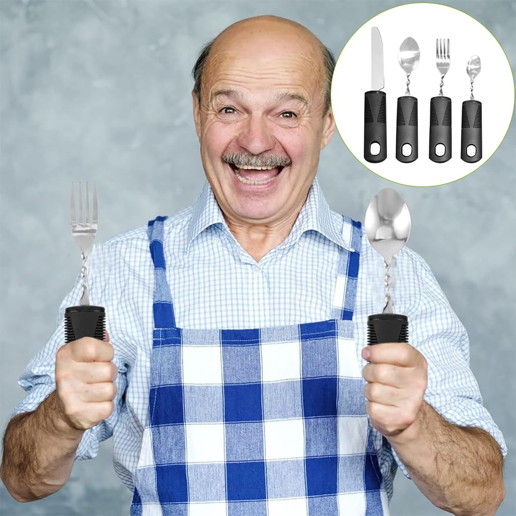 HASTHIP Adaptable Cutlery Set for Elders with Bendable Heads and Anti Slip Handles | 4 Pcs Stainless Steel Utensils